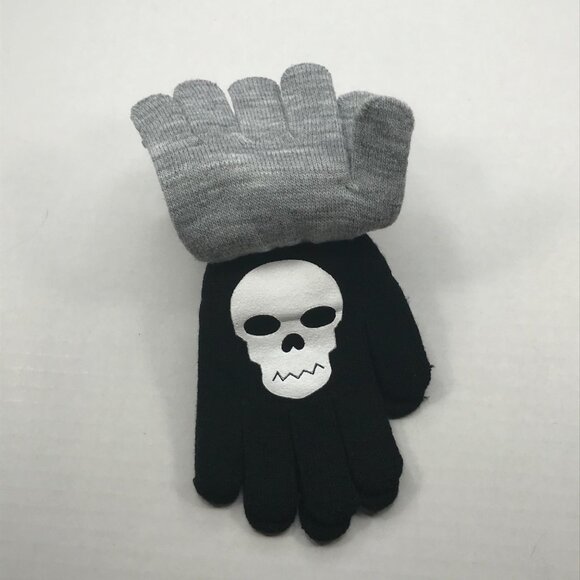 2 Pair Pack Winter Essentials Boys One Size Black Skull Gray Plain Gloves New - Picture 6 of 8